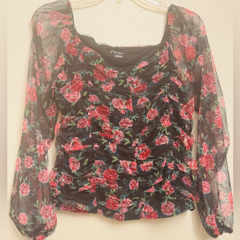 art class Black Sheer Blouse with Pink-Red Rose Print